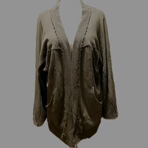 POL L Open Fleece Cardigan Jacket Green Raw Hem Pockets Comfort Boho Lagenlook
